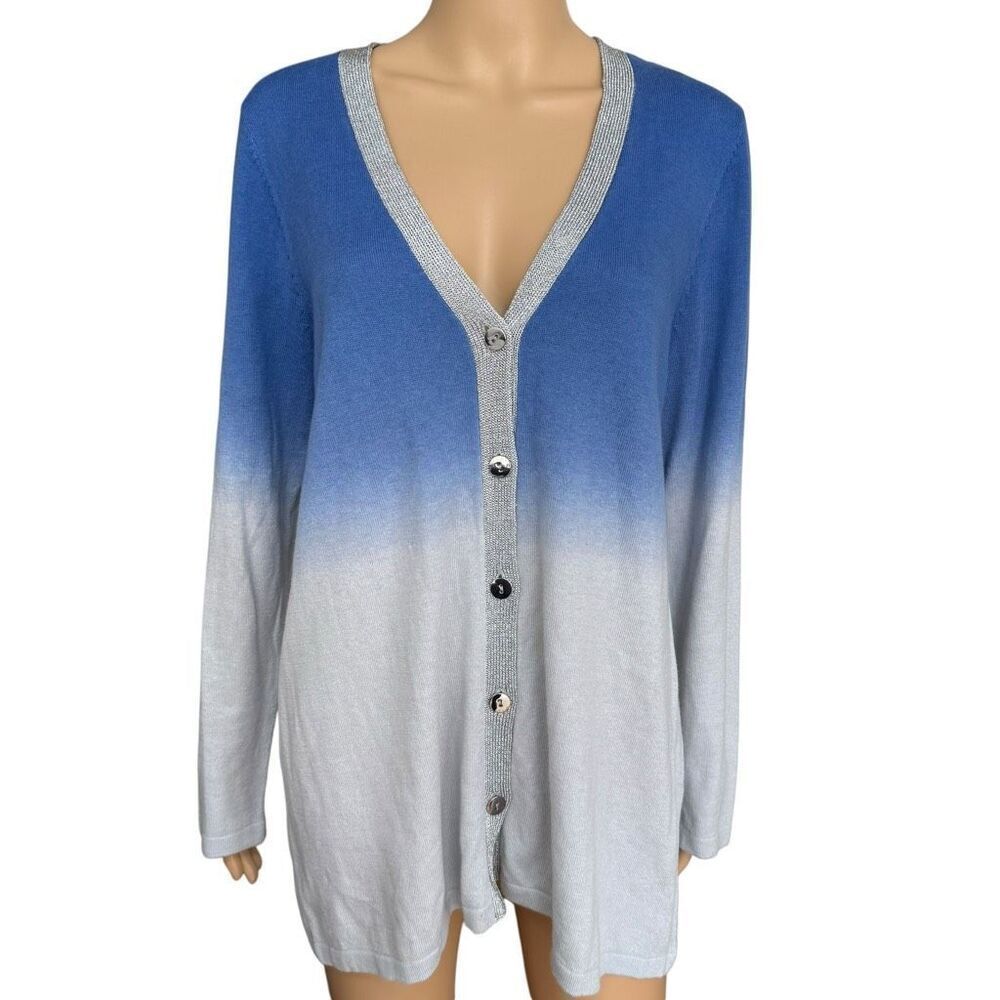 Chico's Ombre Shine Peyton Cardigan Nikko Blue blue-to-grey metallic trim sz L